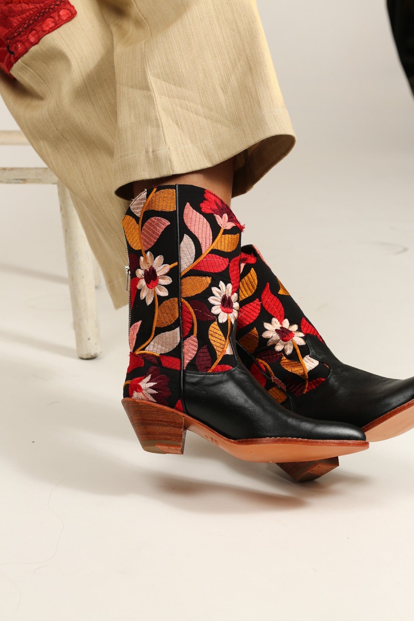 BLACK LEATHER BLACK EMBROIDERED WESTERN BOOTS X ANTHROPOLOGIE - BANGKOK TAILOR CLOTHING STORE - HANDMADE CLOTHING