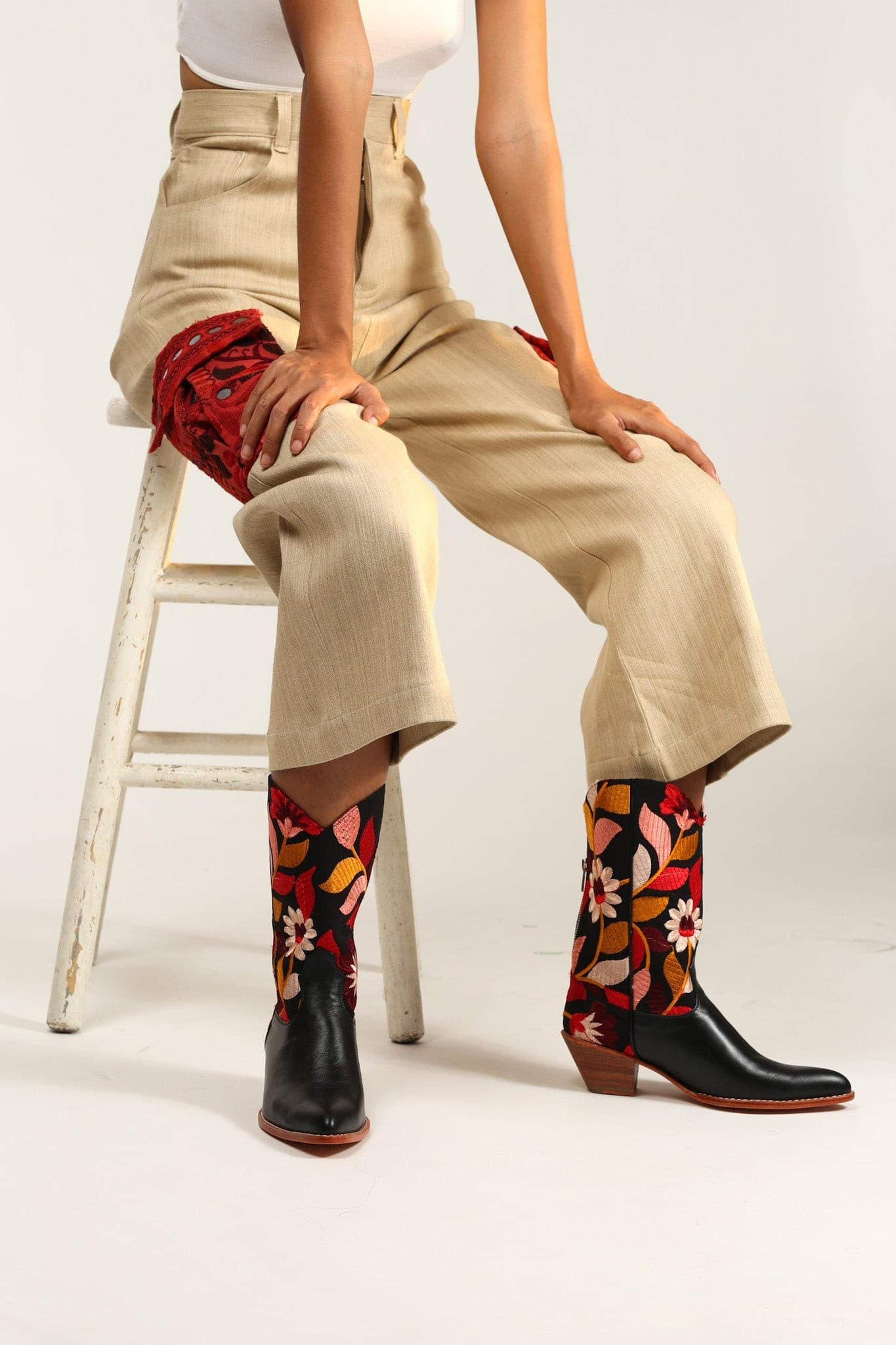 BLACK LEATHER BLACK EMBROIDERED WESTERN BOOTS X ANTHROPOLOGIE - BANGKOK TAILOR CLOTHING STORE - HANDMADE CLOTHING