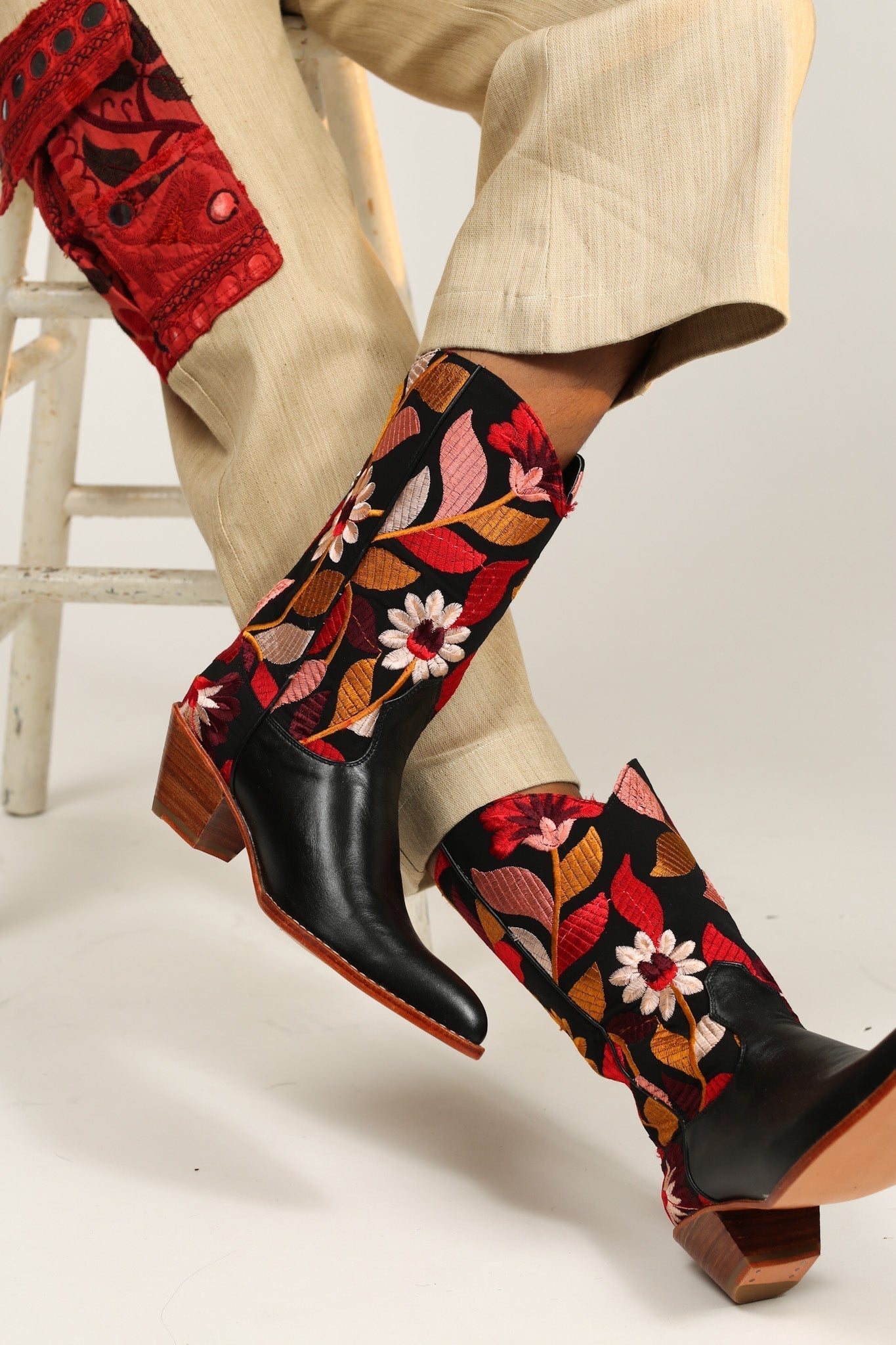 BLACK LEATHER BLACK EMBROIDERED WESTERN BOOTS X ANTHROPOLOGIE - BANGKOK TAILOR CLOTHING STORE - HANDMADE CLOTHING