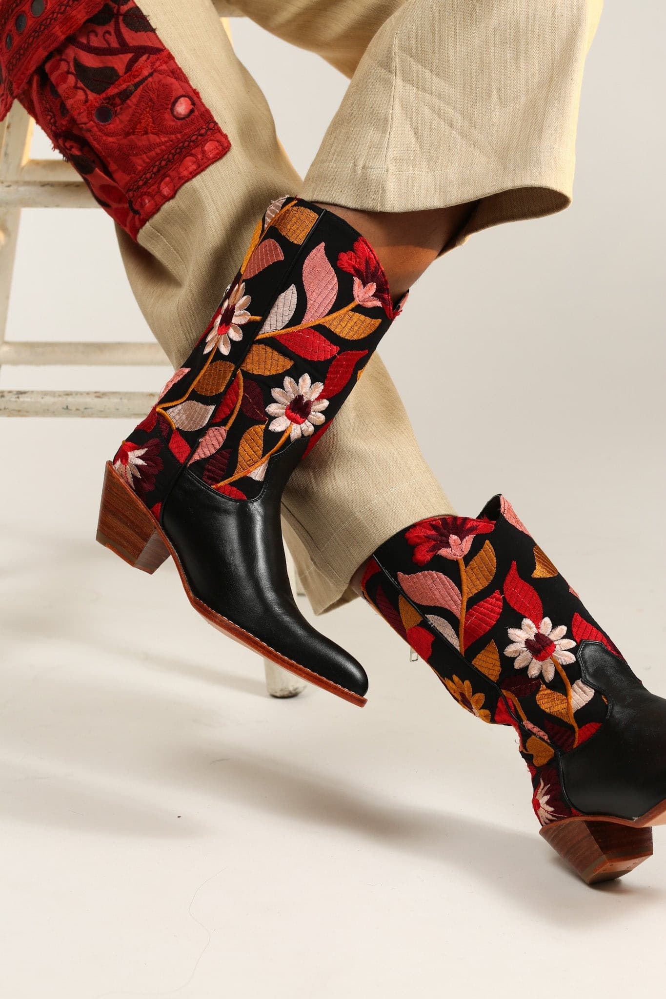 BLACK LEATHER BLACK EMBROIDERED WESTERN BOOTS X ANTHROPOLOGIE - BANGKOK TAILOR CLOTHING STORE - HANDMADE CLOTHING