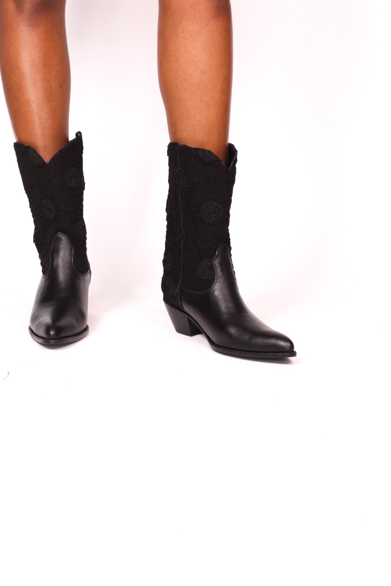 BLACK SILK COTTON EMBROIDERED LEATHER BOOTS DORO - BANGKOK TAILOR CLOTHING STORE - HANDMADE CLOTHING