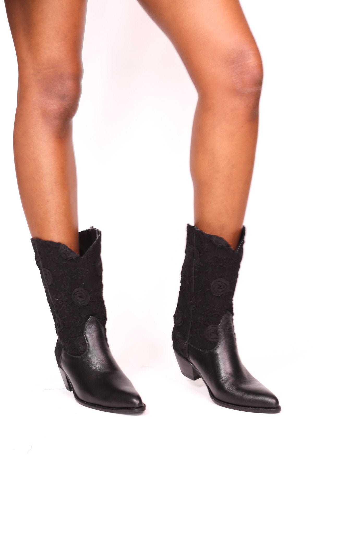 BLACK SILK COTTON EMBROIDERED LEATHER BOOTS DORO - BANGKOK TAILOR CLOTHING STORE - HANDMADE CLOTHING