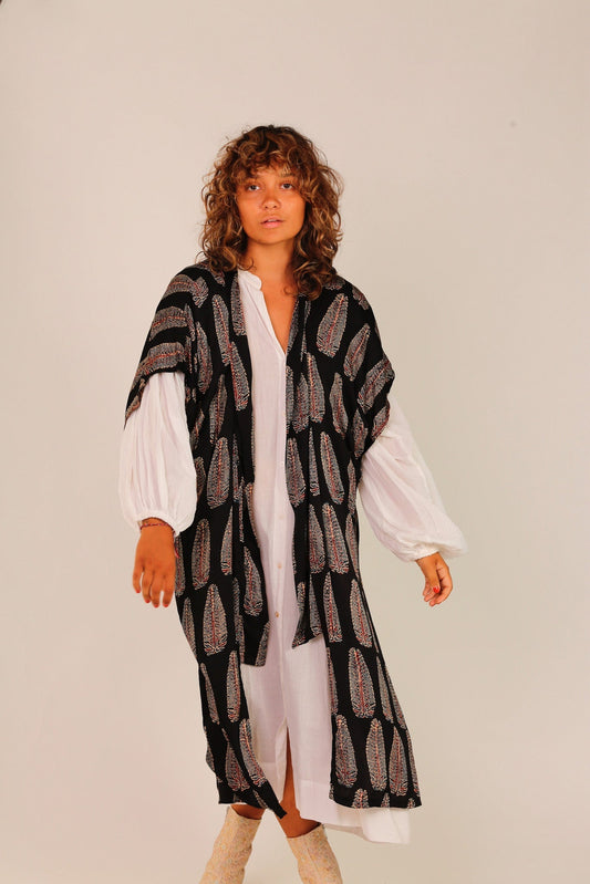 BLACK SILK FEATHER PRINT KIMONO WYNN - BANGKOK TAILOR CLOTHING STORE - HANDMADE CLOTHING