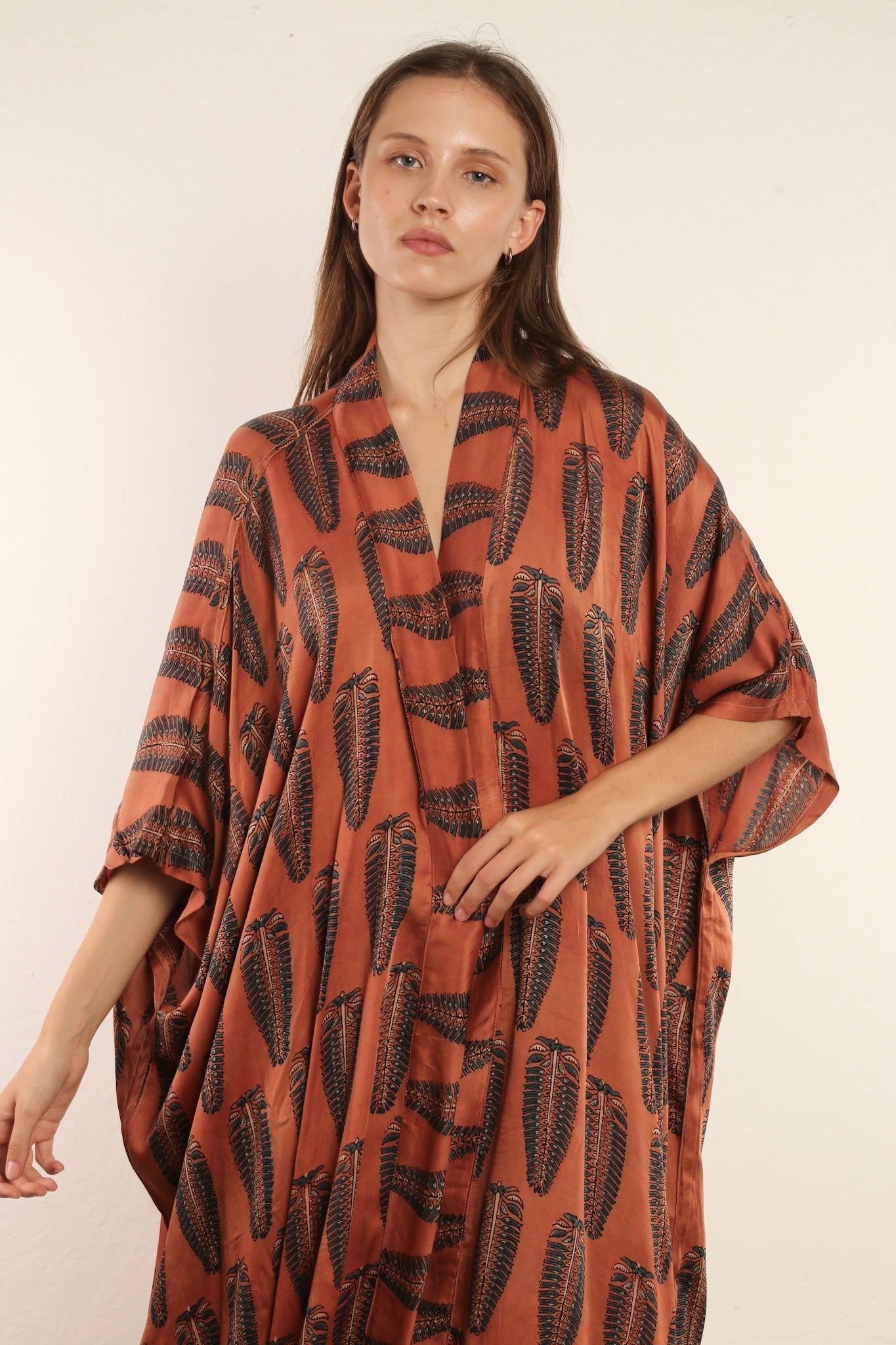 BROWN PLUME KIMONO SRISA - BANGKOK TAILOR CLOTHING STORE - HANDMADE CLOTHING