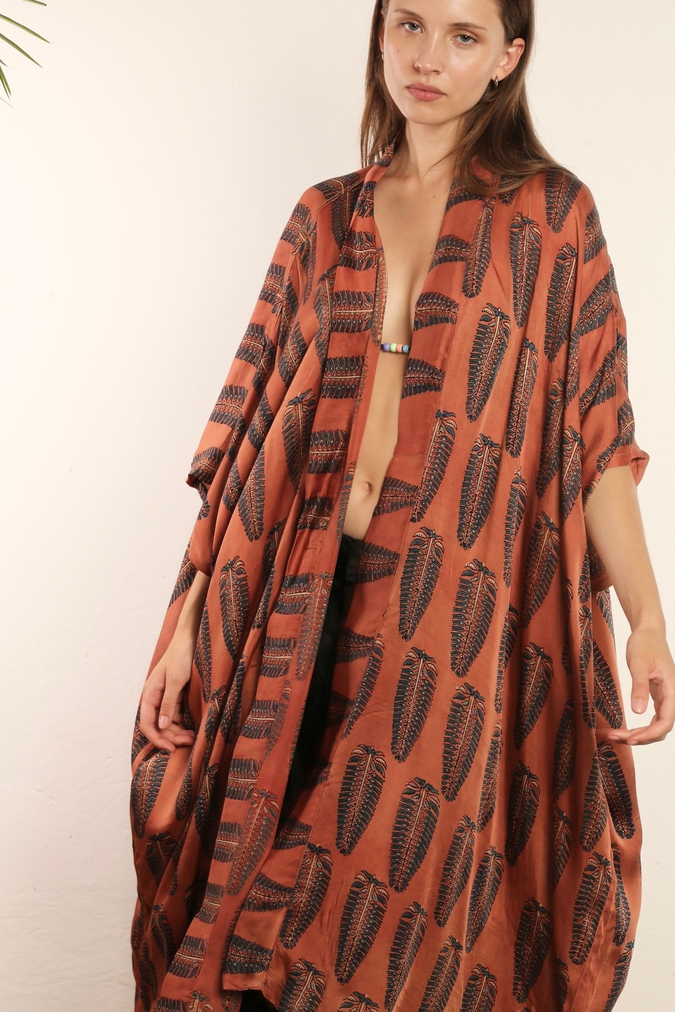 BROWN PLUME KIMONO SRISA - BANGKOK TAILOR CLOTHING STORE - HANDMADE CLOTHING