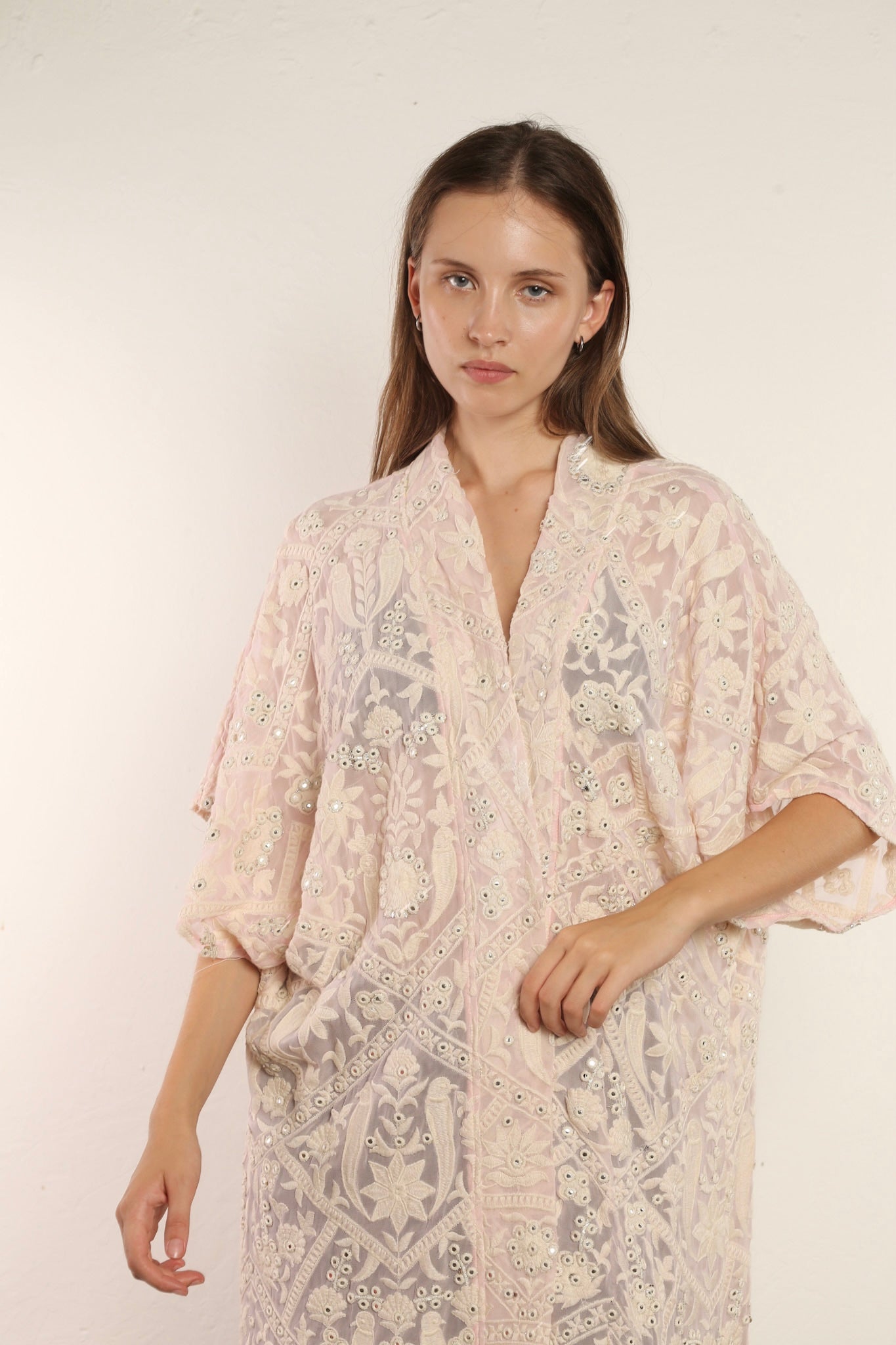 CLEMATIS LIGHT PINK LACE KIMONO - BANGKOK TAILOR CLOTHING STORE - HANDMADE CLOTHING