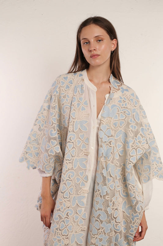 COTTTON LACE LIGHT BLUE FLOWER KIMONO - BANGKOK TAILOR CLOTHING STORE - HANDMADE CLOTHING