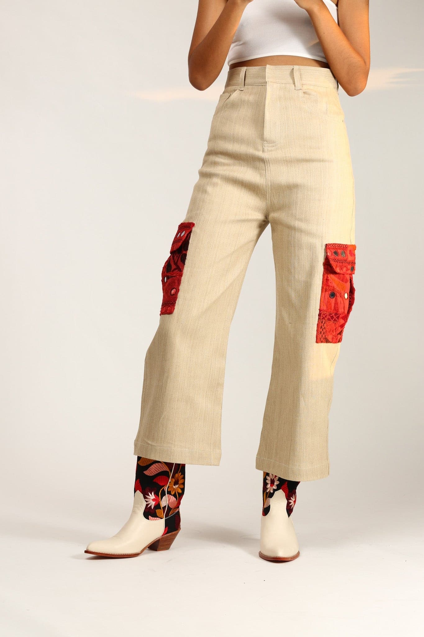 CREAM LEATHER BLACK EMBROIDERED WESTERN BOOTS X ANTHROPOLOGIE - BANGKOK TAILOR CLOTHING STORE - HANDMADE CLOTHING