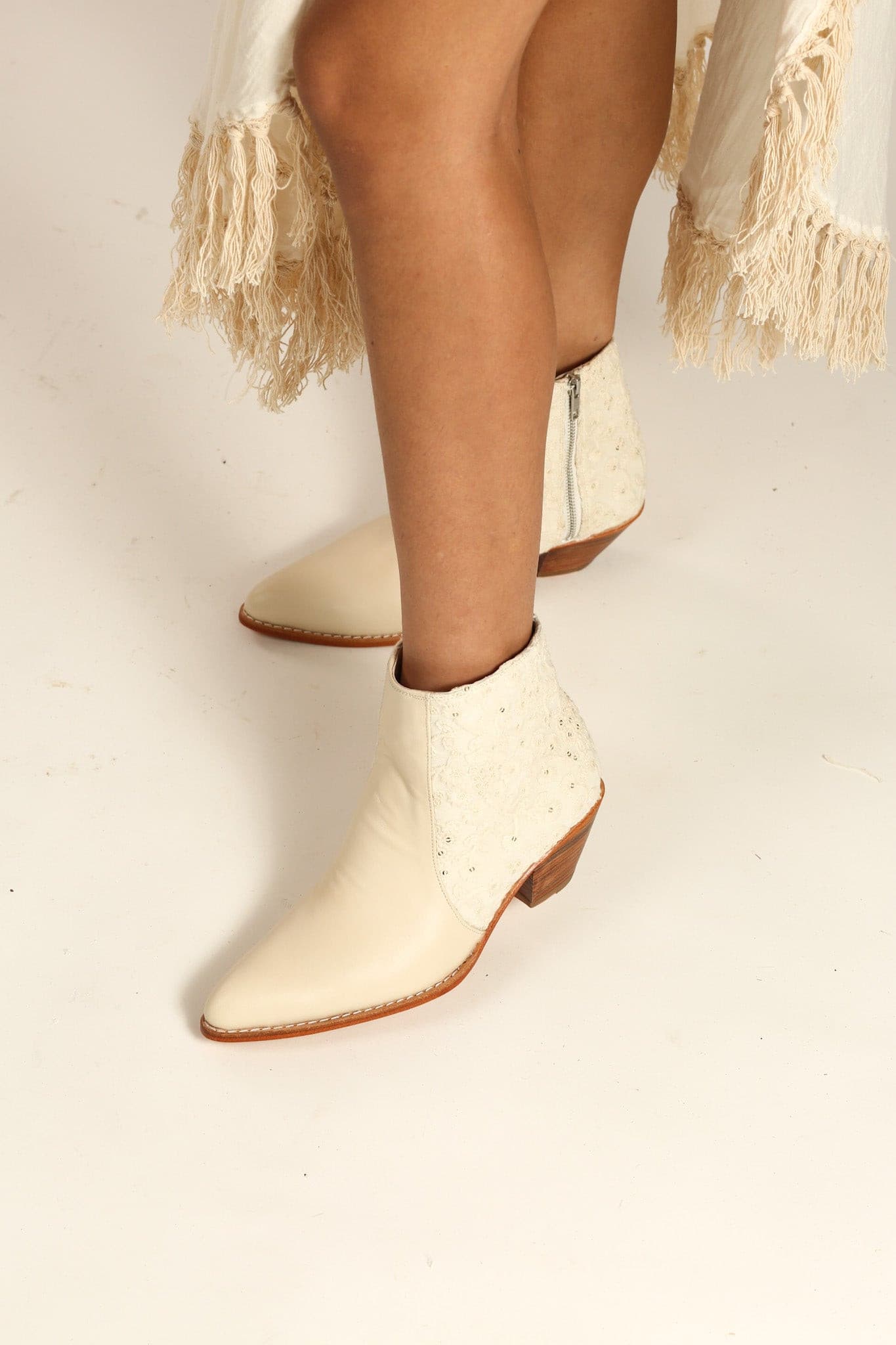 CREAM LEATHER CREME EMBROIDERED FABRIC BOOTS SEL - BANGKOK TAILOR CLOTHING STORE - HANDMADE CLOTHING