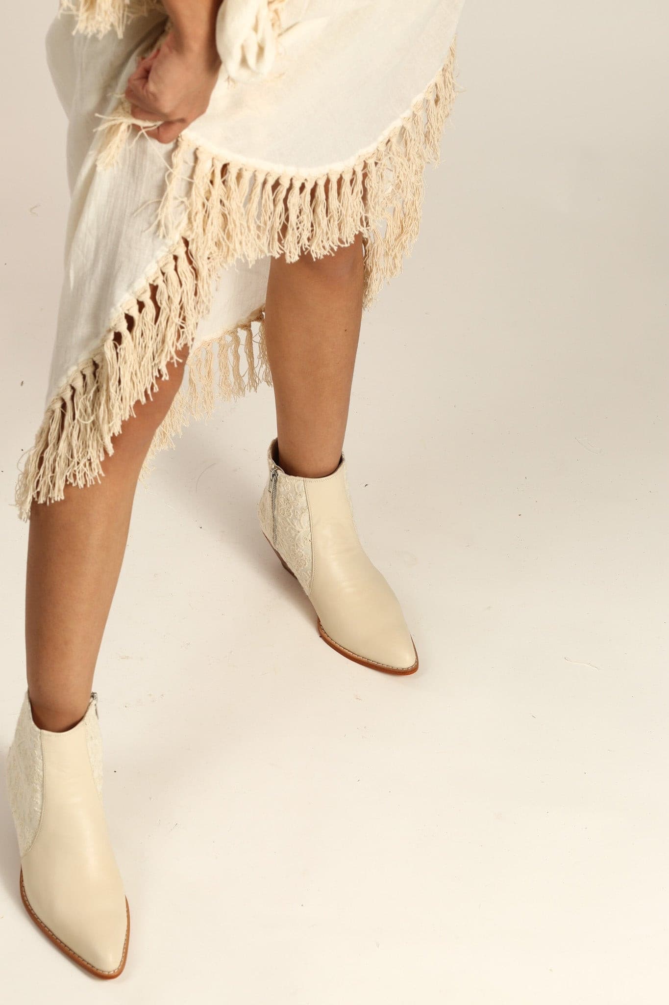 CREAM LEATHER CREME EMBROIDERED FABRIC BOOTS SEL - BANGKOK TAILOR CLOTHING STORE - HANDMADE CLOTHING