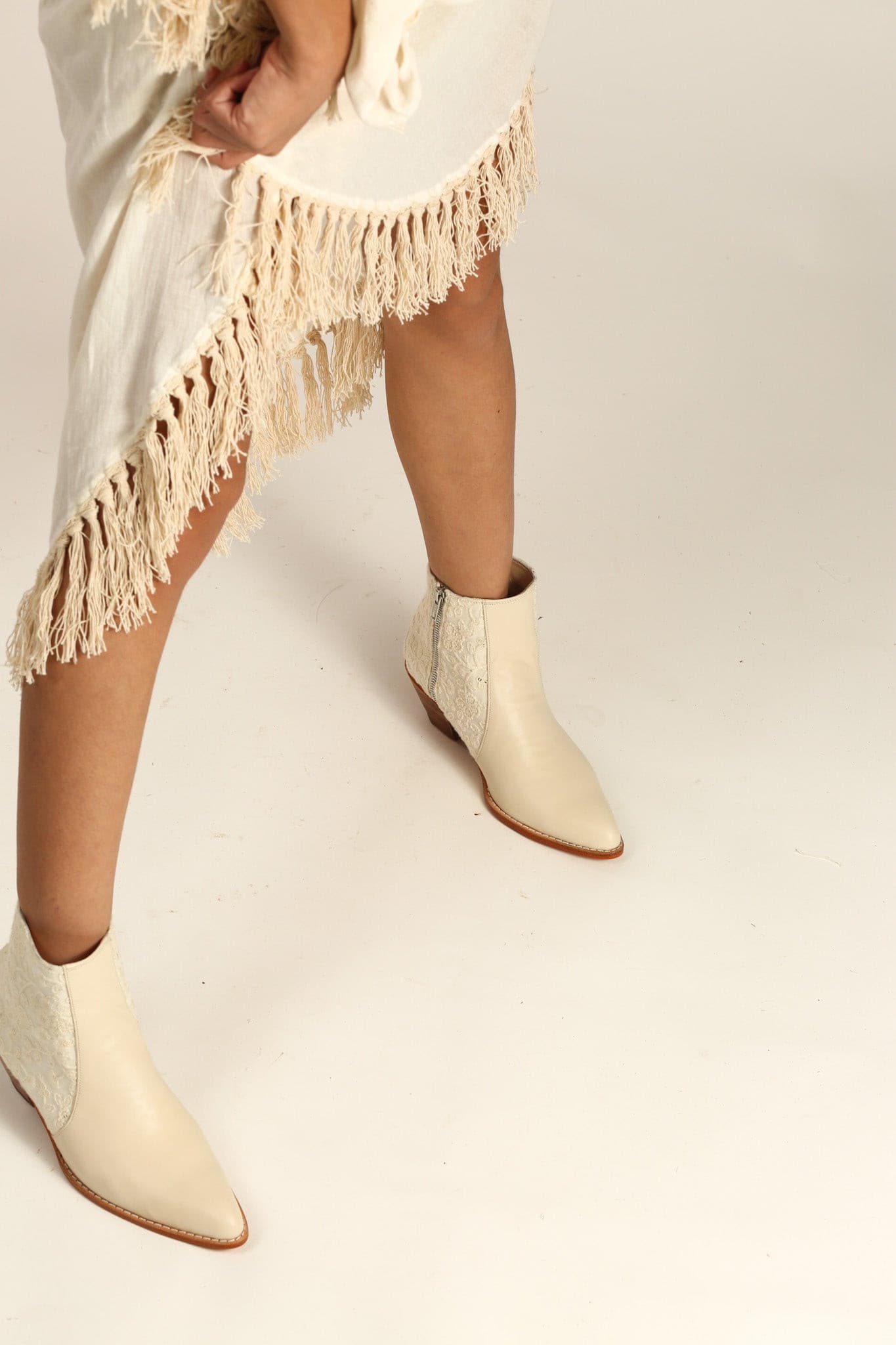 CREAM LEATHER CREME EMBROIDERED FABRIC BOOTS SEL - BANGKOK TAILOR CLOTHING STORE - HANDMADE CLOTHING