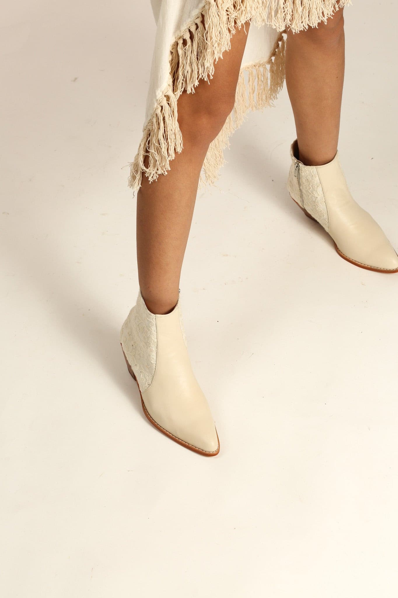 CREAM LEATHER CREME EMBROIDERED FABRIC BOOTS SEL - BANGKOK TAILOR CLOTHING STORE - HANDMADE CLOTHING