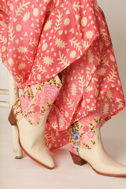 CREAM LEATHER PINK SILK FLOWER EMBROIDERED LA - BANGKOK TAILOR CLOTHING STORE - HANDMADE CLOTHING