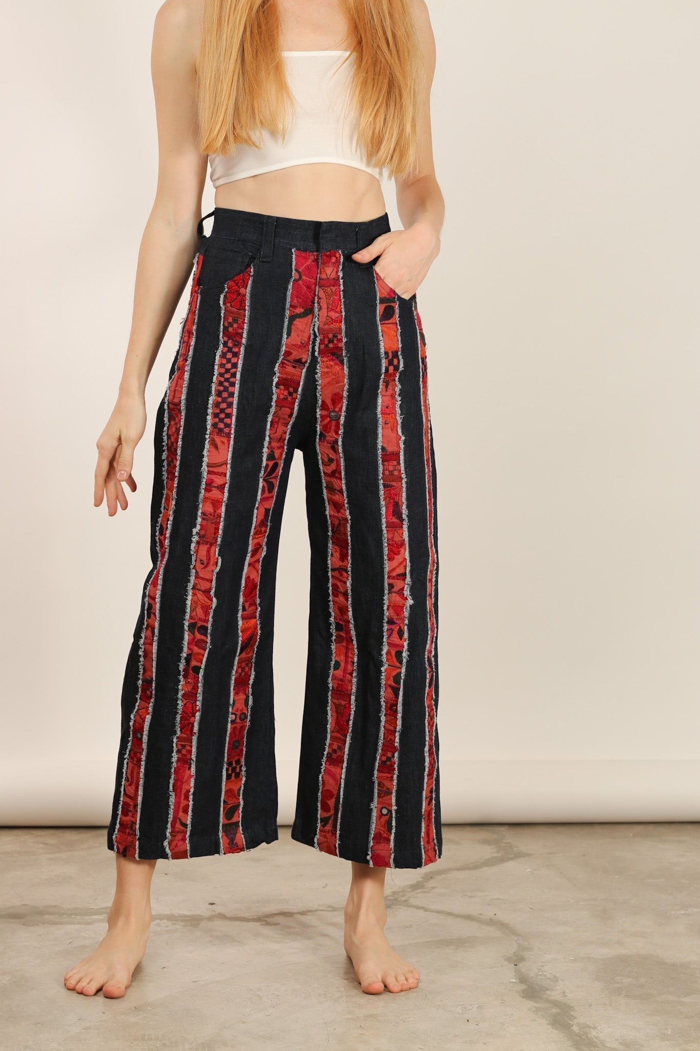 DENIM EMBROIDERED PATCHWORK STRIPE PANTS EMELIA - BANGKOK TAILOR CLOTHING STORE - HANDMADE CLOTHING