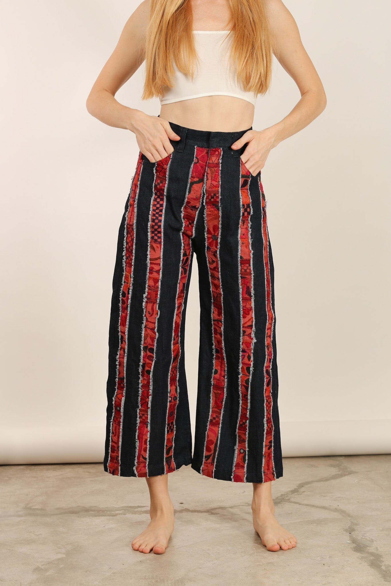 DENIM EMBROIDERED PATCHWORK STRIPE PANTS EMELIA - BANGKOK TAILOR CLOTHING STORE - HANDMADE CLOTHING