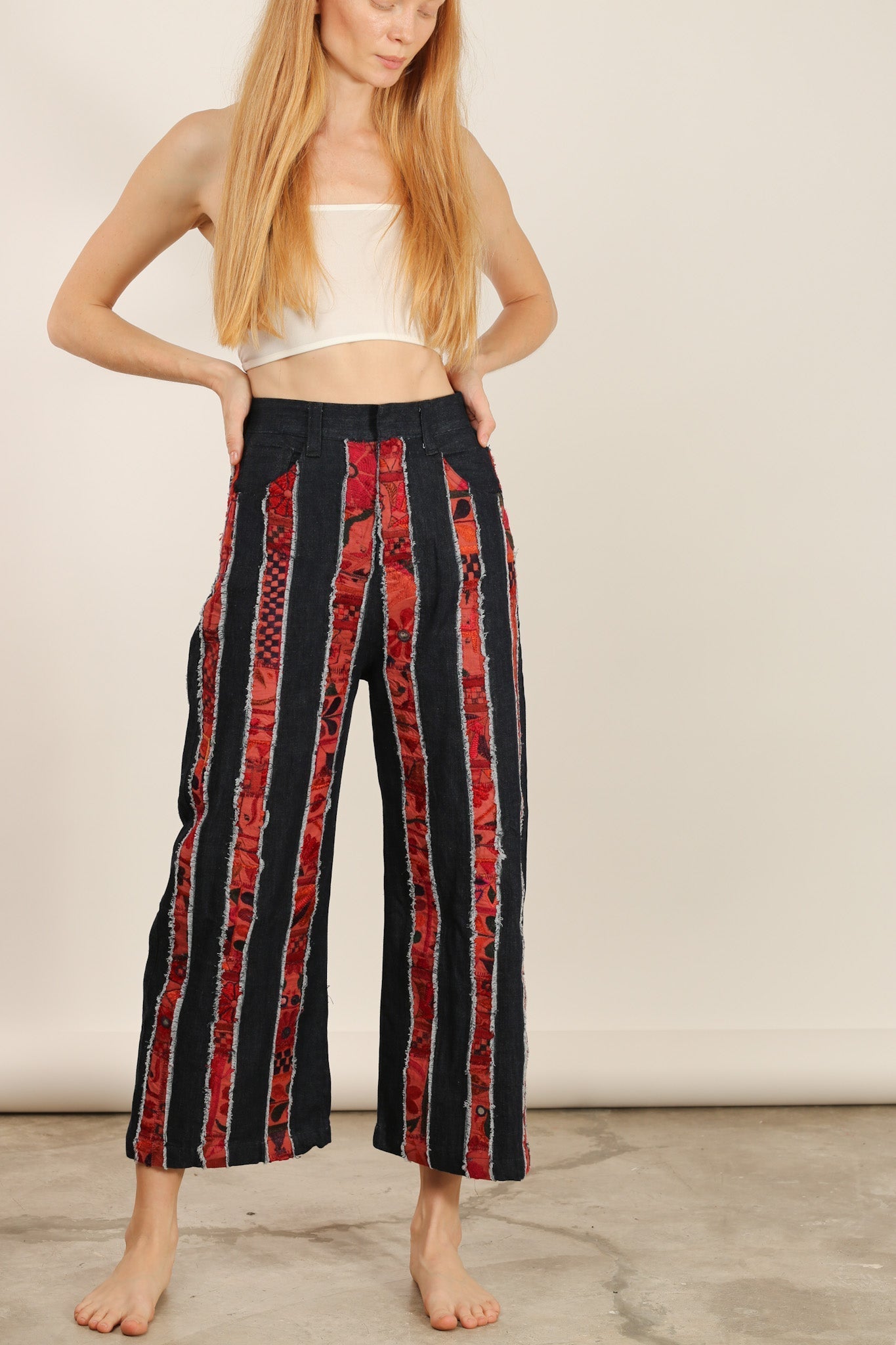 DENIM EMBROIDERED PATCHWORK STRIPE PANTS EMELIA - BANGKOK TAILOR CLOTHING STORE - HANDMADE CLOTHING