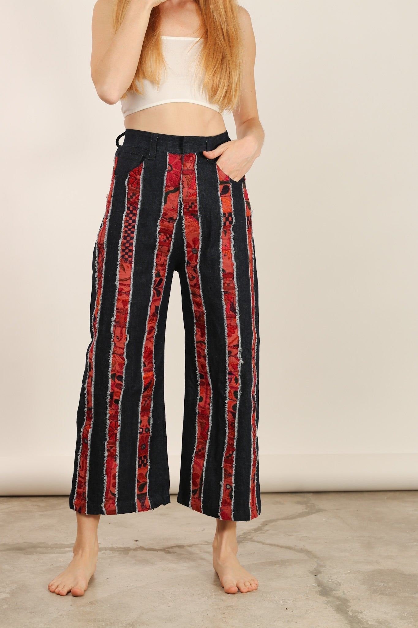 DENIM EMBROIDERED PATCHWORK STRIPE PANTS EMELIA - BANGKOK TAILOR CLOTHING STORE - HANDMADE CLOTHING