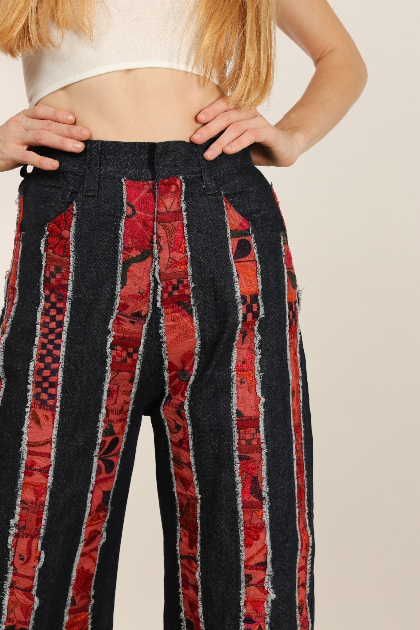 DENIM EMBROIDERED PATCHWORK STRIPE PANTS EMELIA - BANGKOK TAILOR CLOTHING STORE - HANDMADE CLOTHING