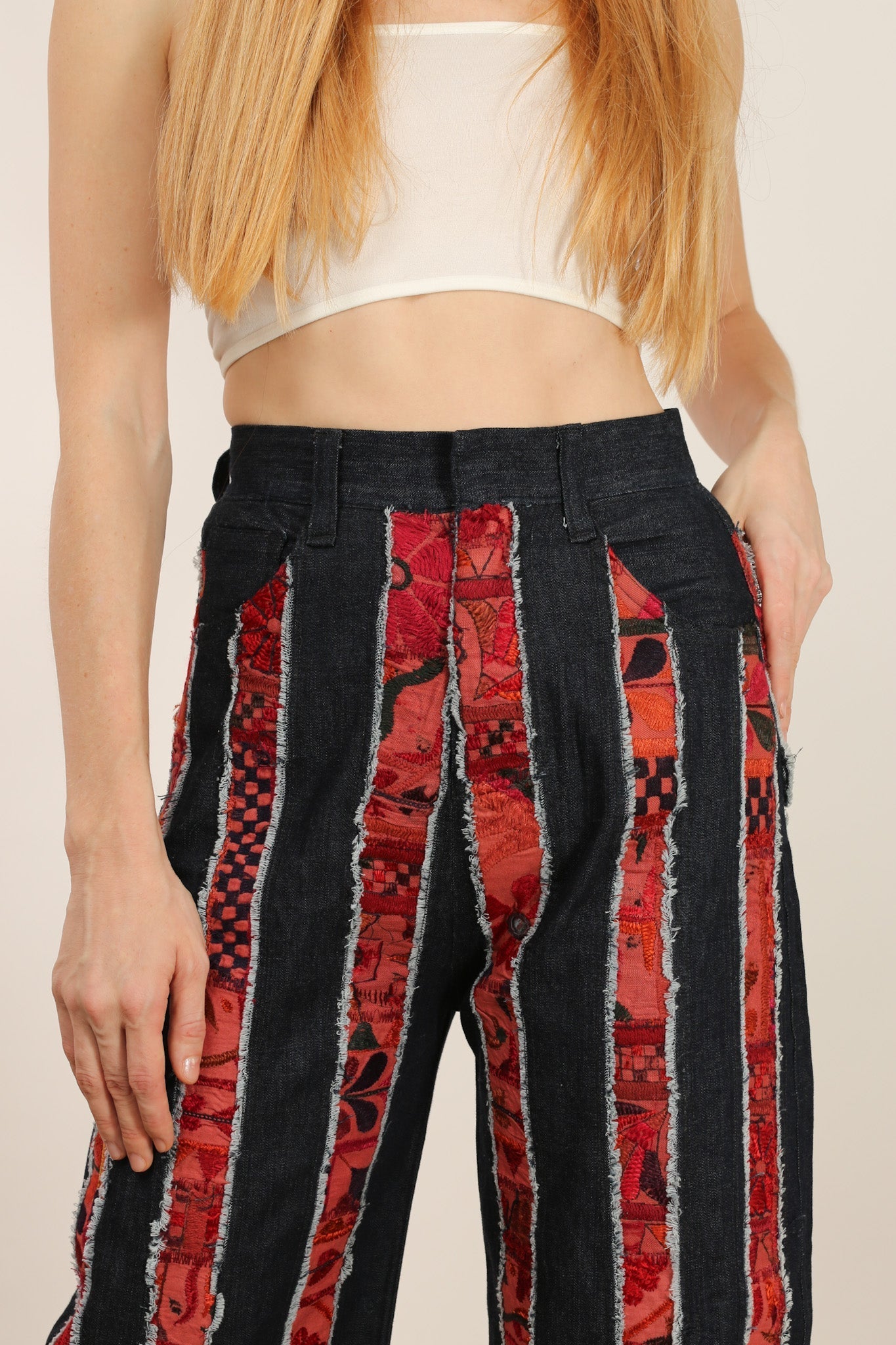 DENIM EMBROIDERED PATCHWORK STRIPE PANTS EMELIA - BANGKOK TAILOR CLOTHING STORE - HANDMADE CLOTHING