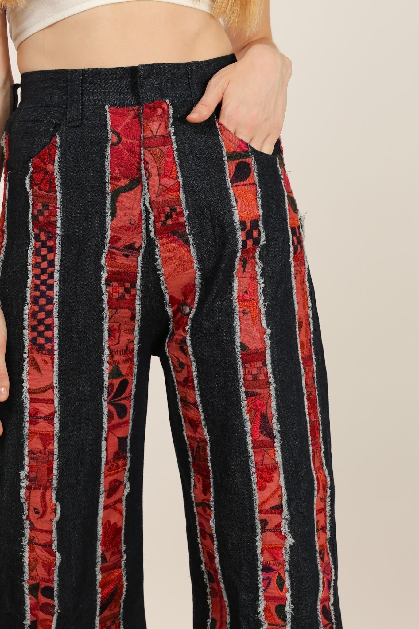 DENIM EMBROIDERED PATCHWORK STRIPE PANTS EMELIA - BANGKOK TAILOR CLOTHING STORE - HANDMADE CLOTHING