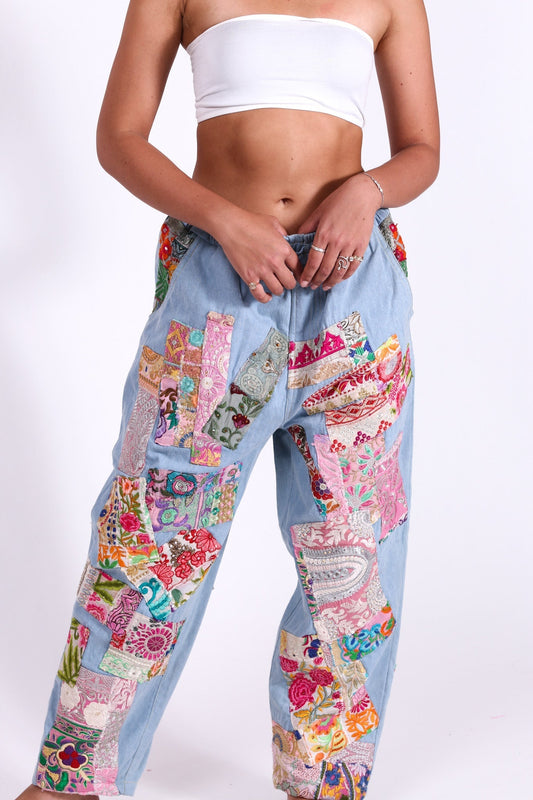 DENIM EMBROIDERED PATCHWORK SWEATPANTS - BANGKOK TAILOR CLOTHING STORE - HANDMADE CLOTHING