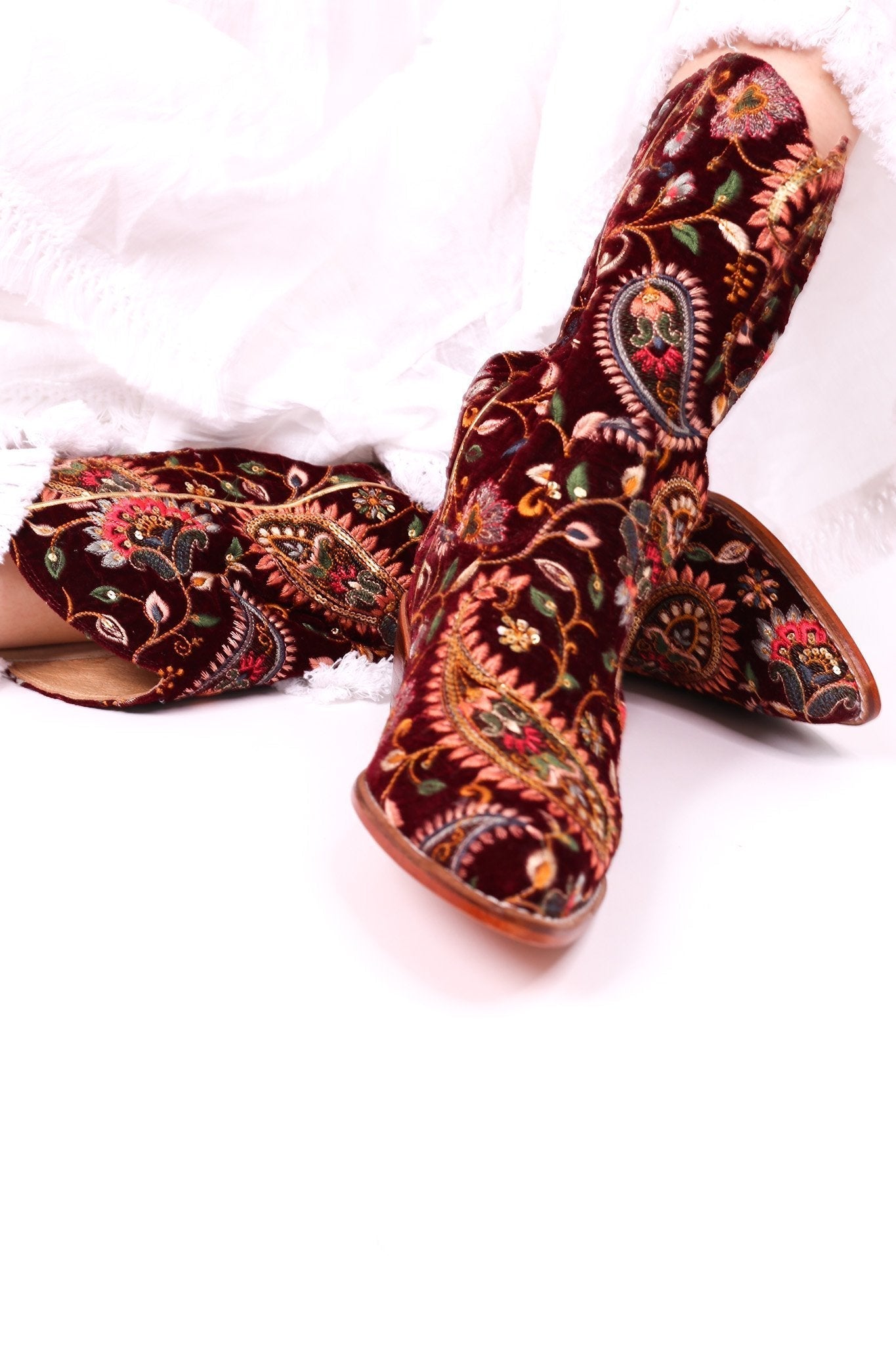 EMBROIDERED VELVET PAISLEY PATTERN COWBOY BOOTS DARIA - BANGKOK TAILOR CLOTHING STORE - HANDMADE CLOTHING