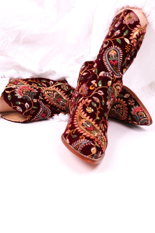 EMBROIDERED VELVET PAISLEY PATTERN COWBOY BOOTS DARIA - BANGKOK TAILOR CLOTHING STORE - HANDMADE CLOTHING