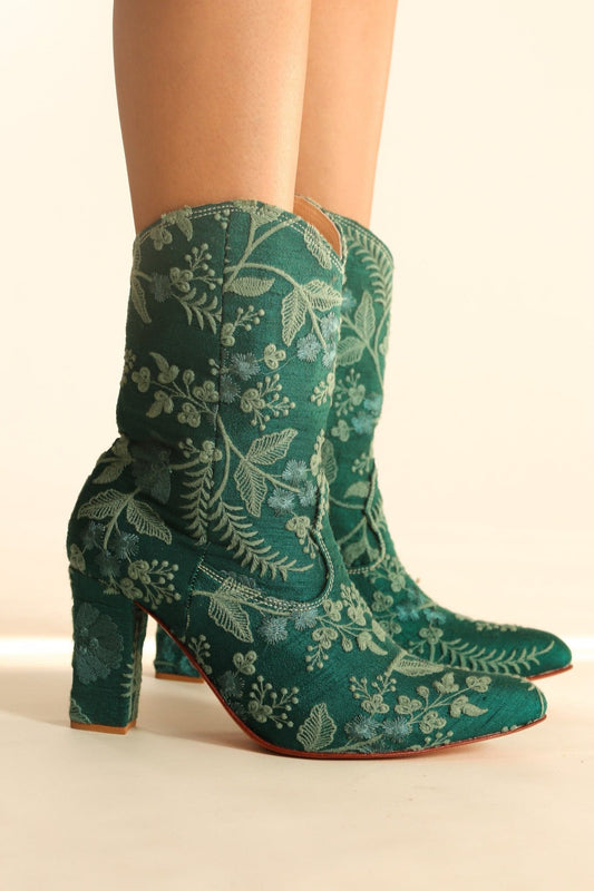 GREEN HIGH HEEL EMBROIDERED BOOTS SOPHIA - BANGKOK TAILOR CLOTHING STORE - HANDMADE CLOTHING