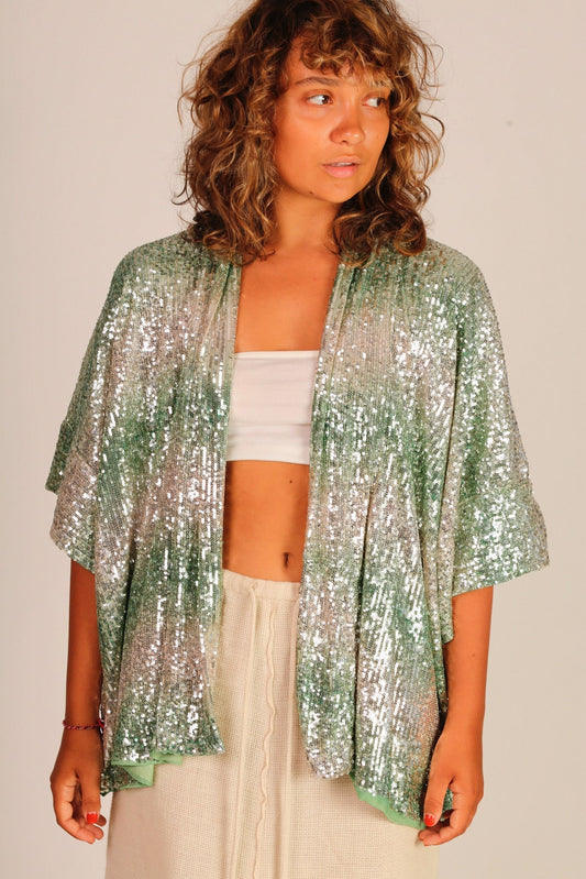 GREEN SEQUIN SHORT KIMONO LUKA - BANGKOK TAILOR CLOTHING STORE - HANDMADE CLOTHING