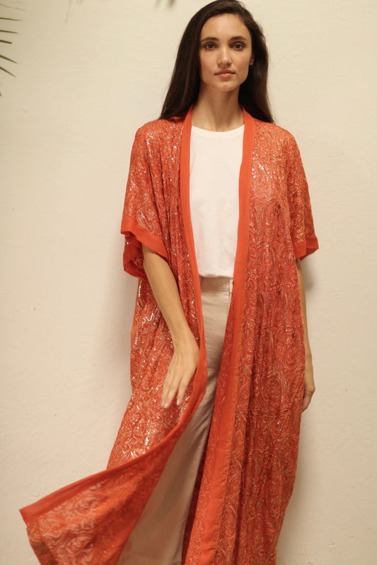 HELIOS ORANGE SILK SEQUIN EMBEROIDERED KIMONO - BANGKOK TAILOR CLOTHING STORE - HANDMADE CLOTHING