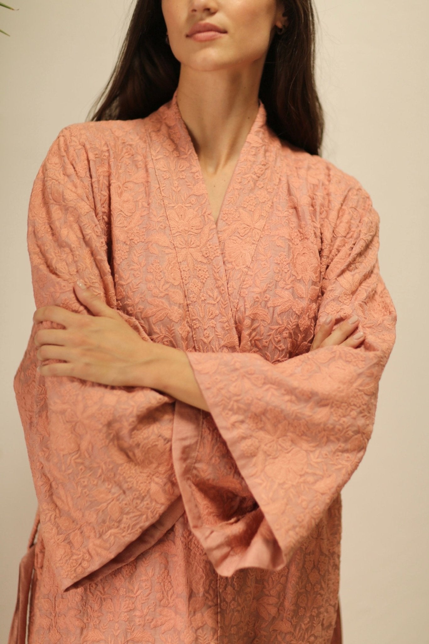 HERA PEACH PINK TUSSER SILK FLOWER KIMONO - BANGKOK TAILOR CLOTHING STORE - HANDMADE CLOTHING