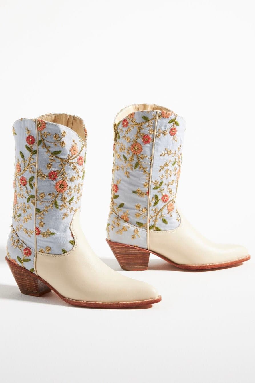 IVORY EMBROIDERED FLOWER WESTERN BOOTS X ANTHROPOLOGIE - BANGKOK TAILOR CLOTHING STORE - HANDMADE CLOTHING