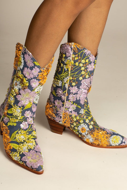 LAVENDER EMBROIDERED FLOWER SEQUIN WESTERN BOOTS - BANGKOK TAILOR CLOTHING STORE - HANDMADE CLOTHING