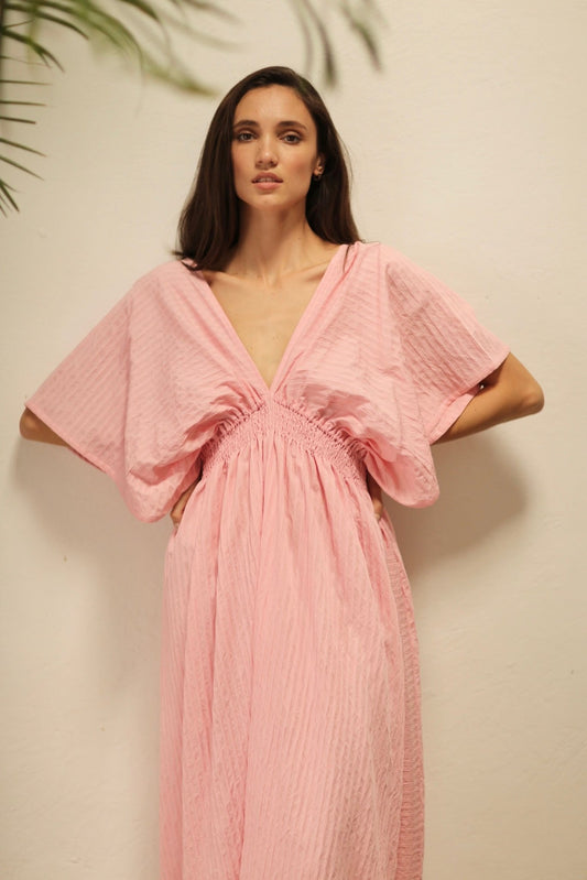 MELANTHIOS PINK COTTON V-NECK DRESS - BANGKOK TAILOR CLOTHING STORE - HANDMADE CLOTHING