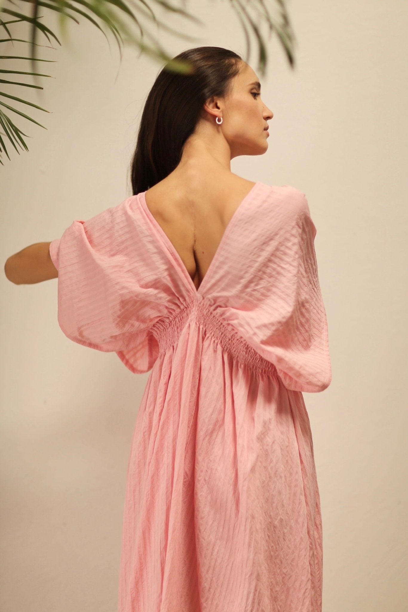 MELANTHIOS PINK COTTON V-NECK DRESS - BANGKOK TAILOR CLOTHING STORE - HANDMADE CLOTHING