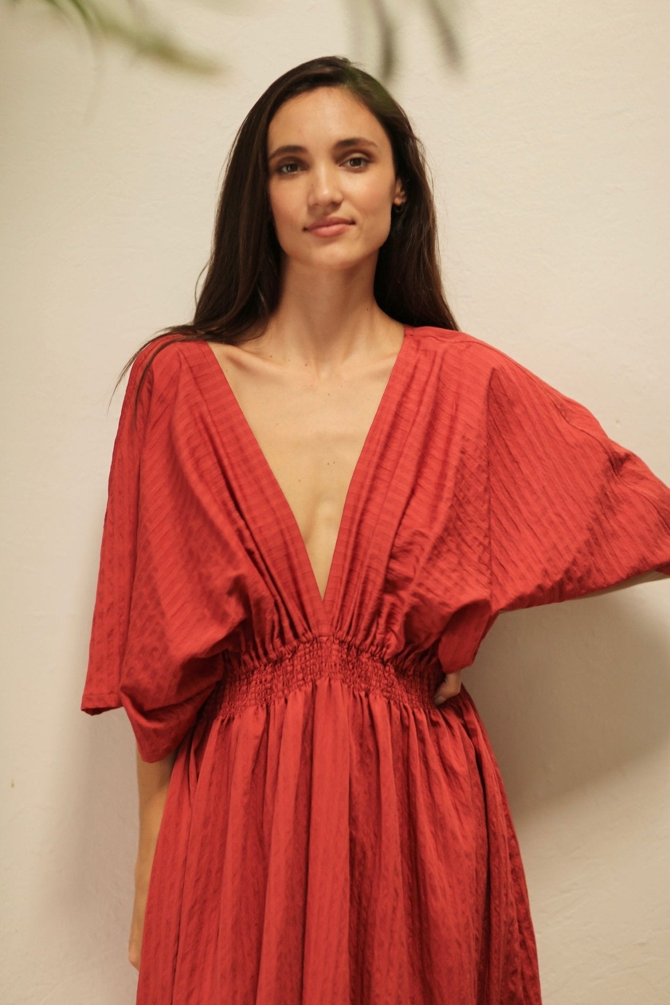 MELANTHIOS RED COTTON V-NECK DRESS - BANGKOK TAILOR CLOTHING STORE - HANDMADE CLOTHING