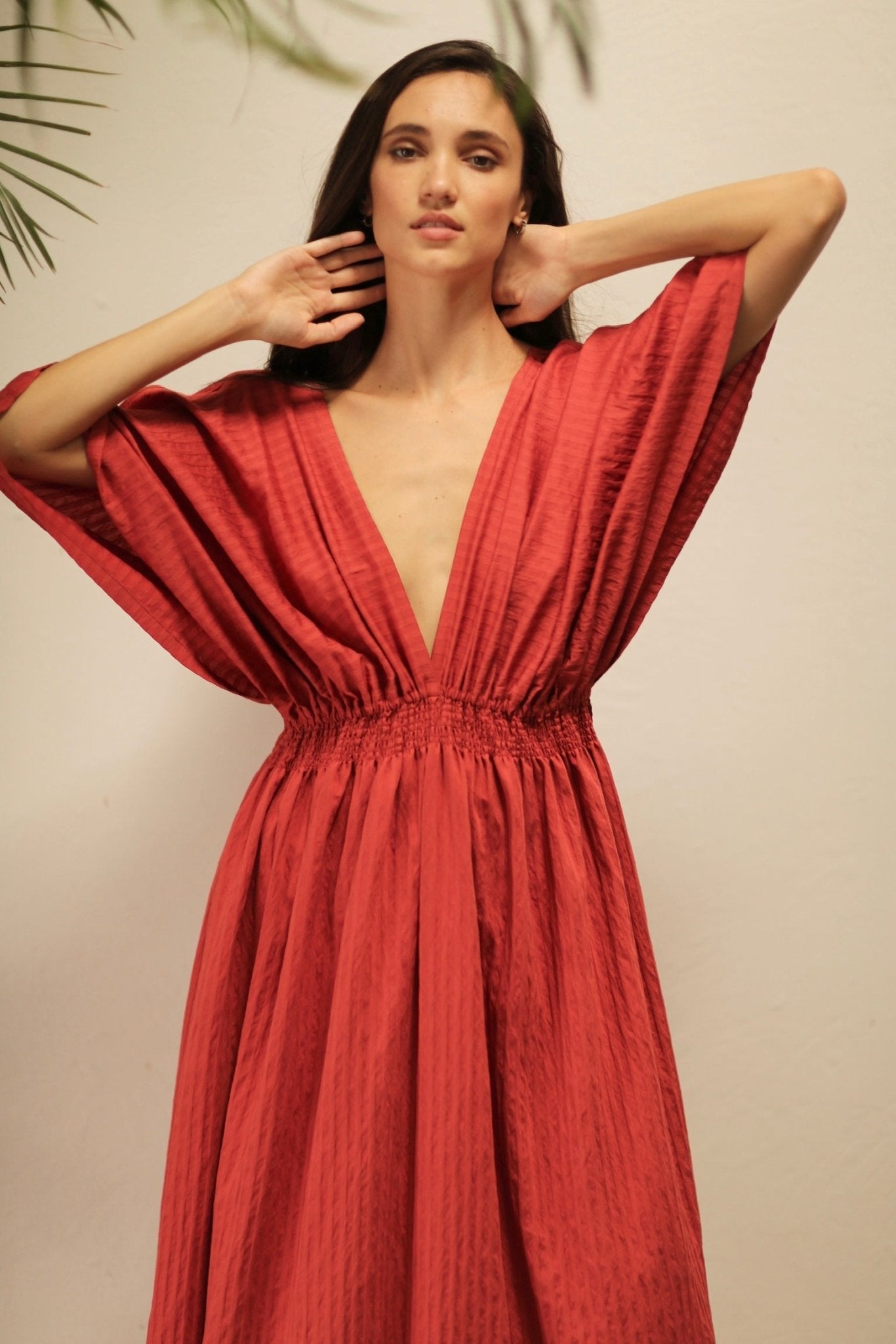 MELANTHIOS RED COTTON V-NECK DRESS - BANGKOK TAILOR CLOTHING STORE - HANDMADE CLOTHING