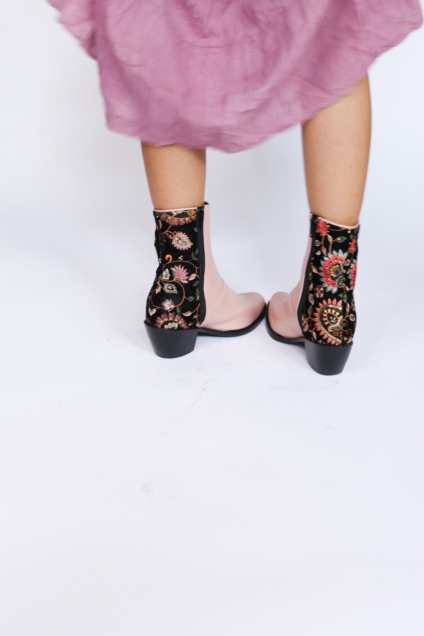 Nude/ Pink Velvet Embroidered Ankle Boots Sophie - BANGKOK TAILOR CLOTHING STORE - HANDMADE CLOTHING