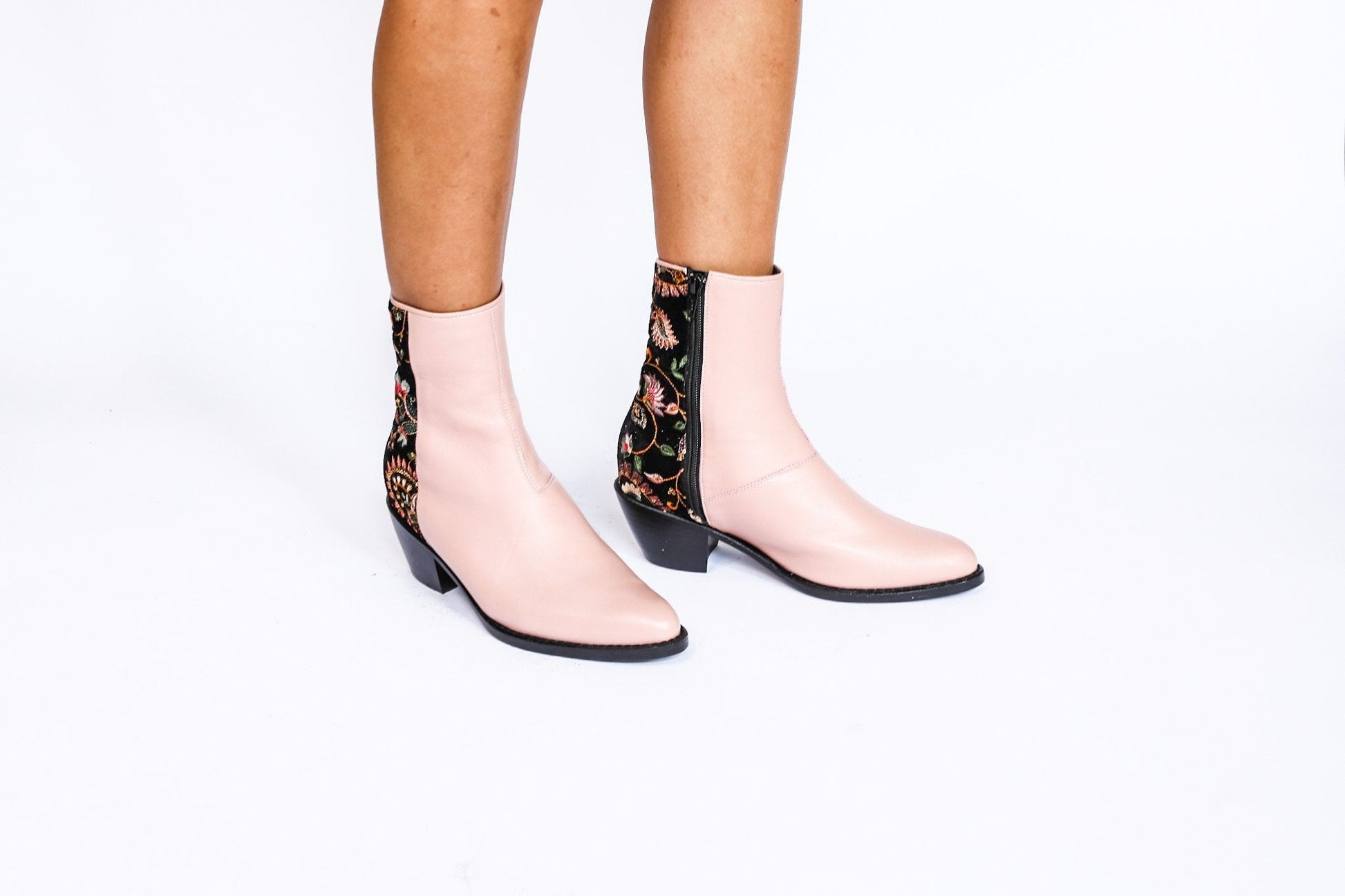 Nude/ Pink Velvet Embroidered Ankle Boots Sophie - BANGKOK TAILOR CLOTHING STORE - HANDMADE CLOTHING