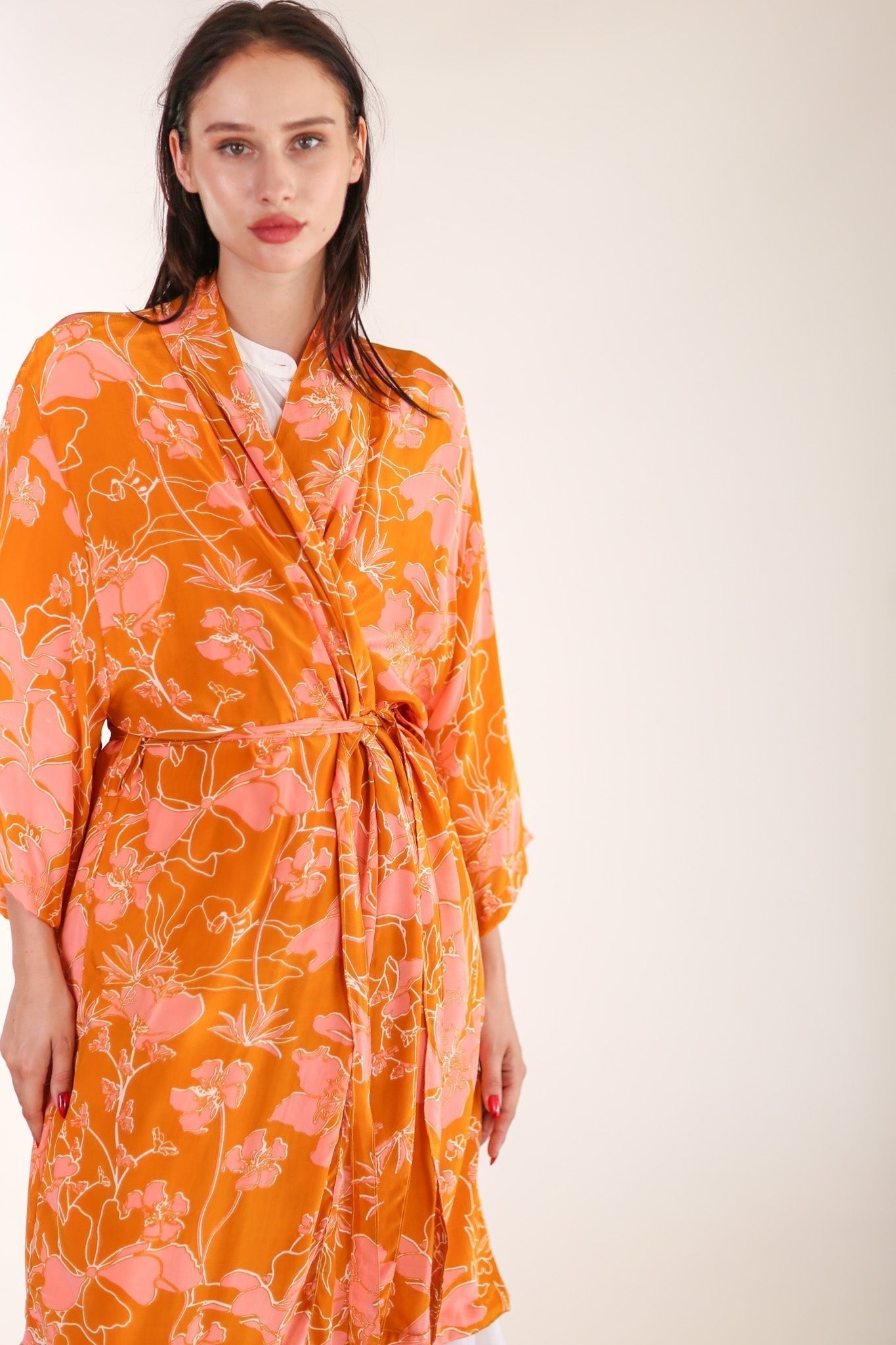 ORANGE FLOWER PRINT SILK KIMONO GOLBY - BANGKOK TAILOR CLOTHING STORE - HANDMADE CLOTHING