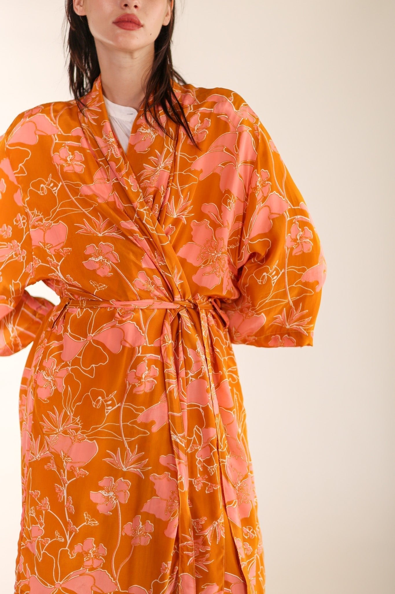 ORANGE FLOWER PRINT SILK KIMONO GOLBY - BANGKOK TAILOR CLOTHING STORE - HANDMADE CLOTHING