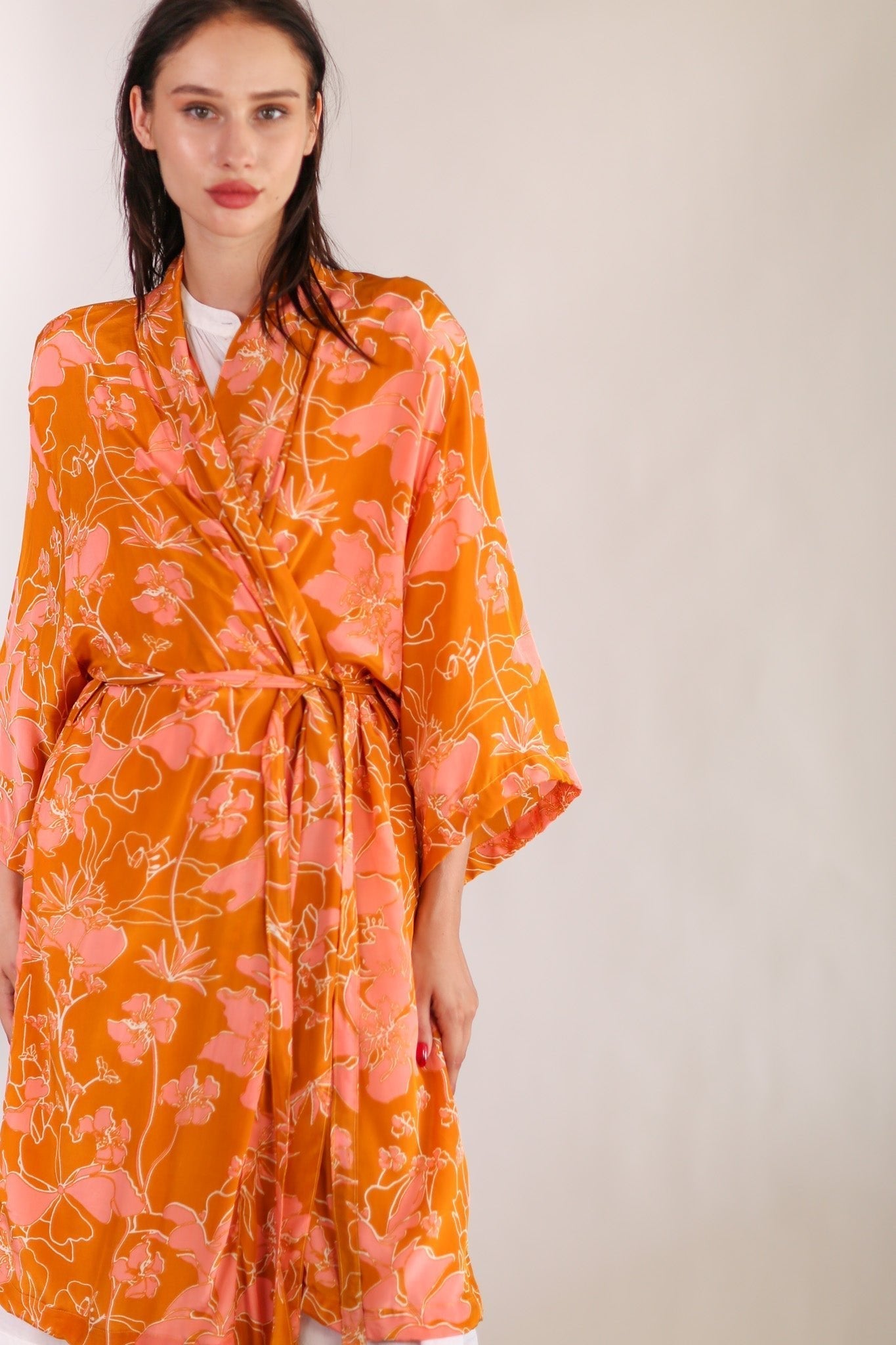 ORANGE FLOWER PRINT SILK KIMONO GOLBY - BANGKOK TAILOR CLOTHING STORE - HANDMADE CLOTHING