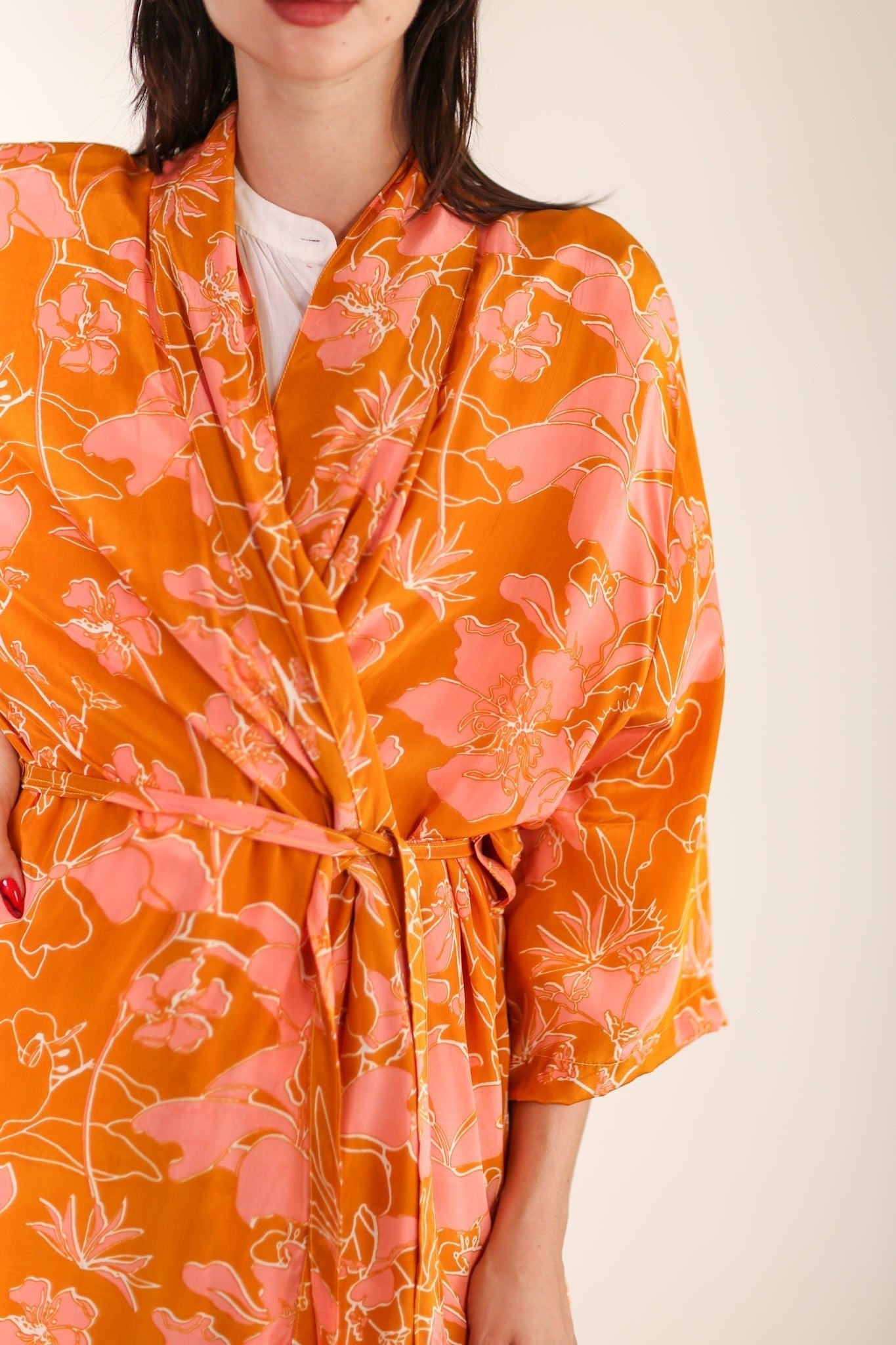 ORANGE FLOWER PRINT SILK KIMONO GOLBY - BANGKOK TAILOR CLOTHING STORE - HANDMADE CLOTHING