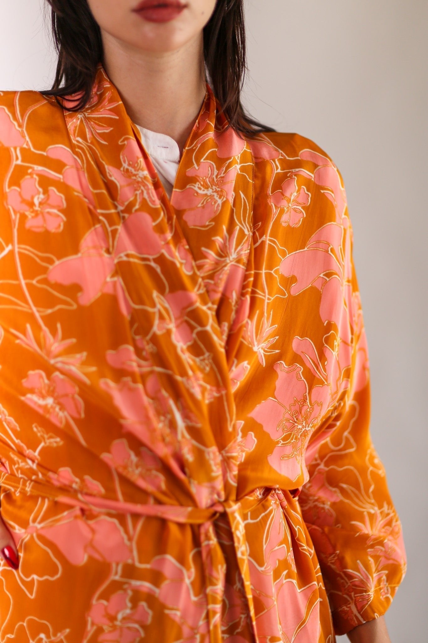 ORANGE FLOWER PRINT SILK KIMONO GOLBY - BANGKOK TAILOR CLOTHING STORE - HANDMADE CLOTHING