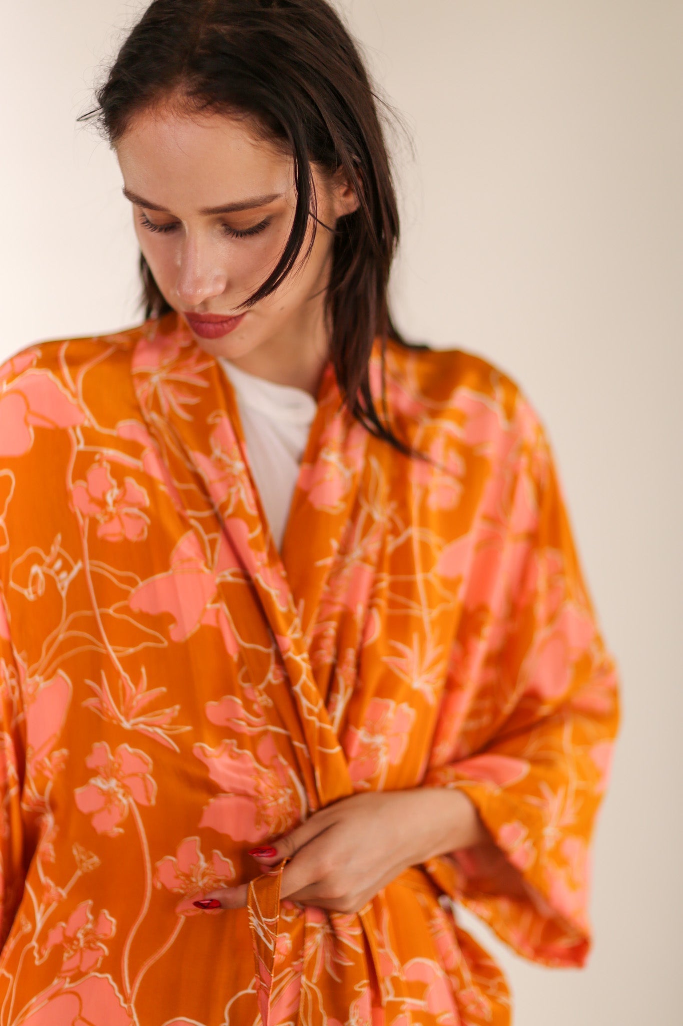 ORANGE FLOWER PRINT SILK KIMONO GOLBY - BANGKOK TAILOR CLOTHING STORE - HANDMADE CLOTHING