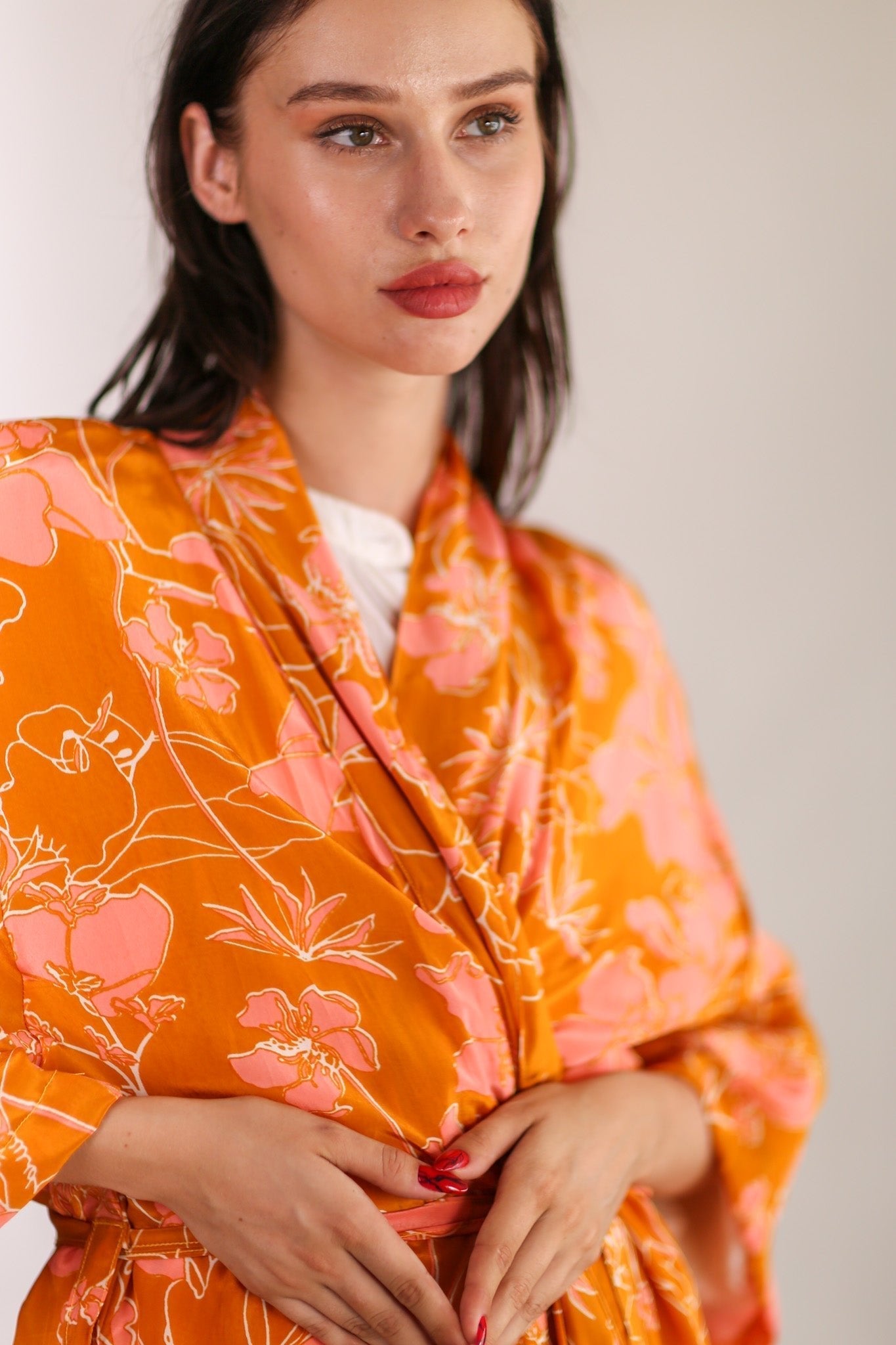 ORANGE FLOWER PRINT SILK KIMONO GOLBY - BANGKOK TAILOR CLOTHING STORE - HANDMADE CLOTHING