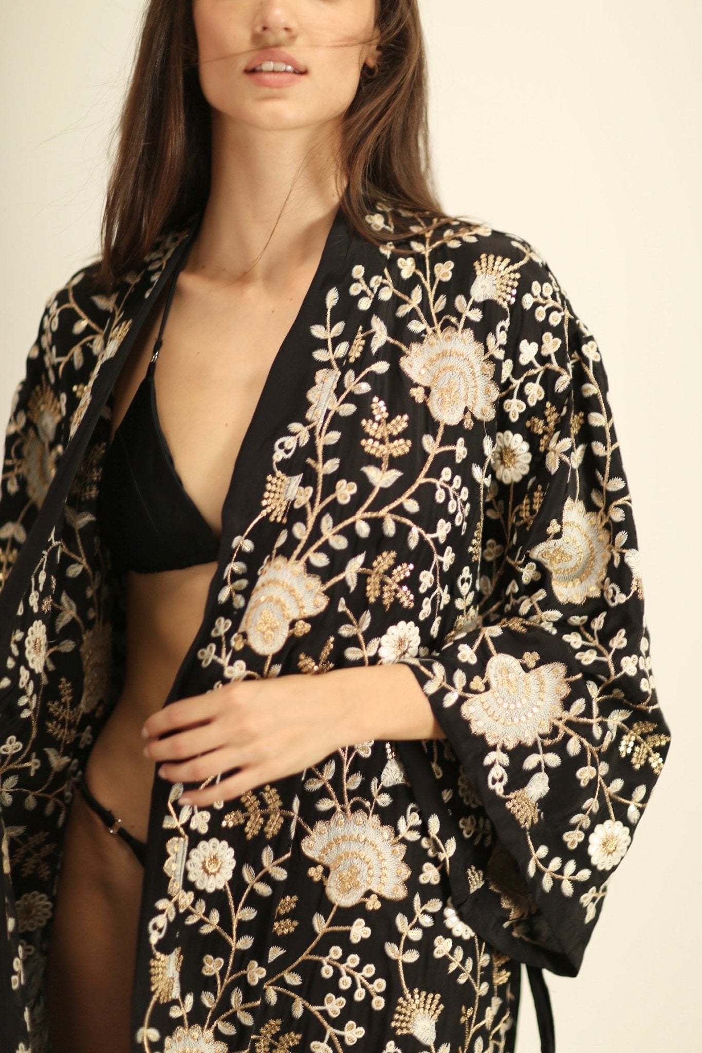 PAN FLOWER EMBROIDERED CHIFFON SILK KIMONO - BANGKOK TAILOR CLOTHING STORE - HANDMADE CLOTHING