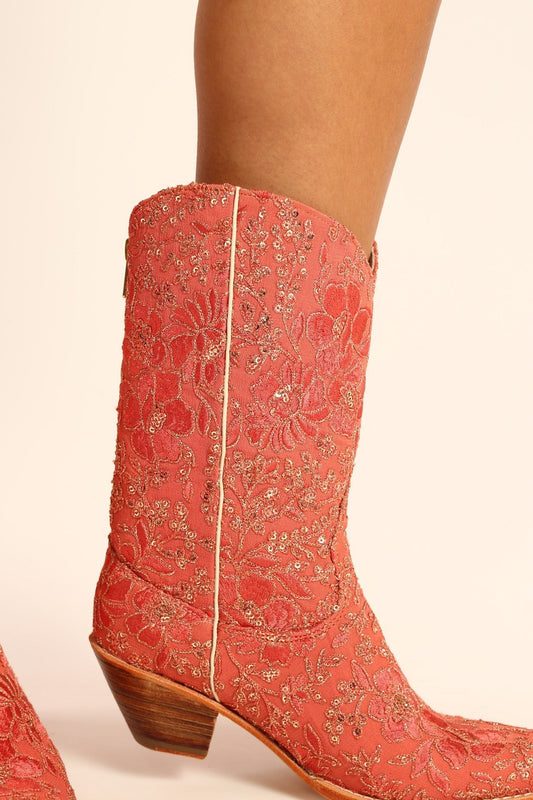 PEACH ORANGE EMBROIDERED BOOTS SANTA BARBARA - BANGKOK TAILOR CLOTHING STORE - HANDMADE CLOTHING