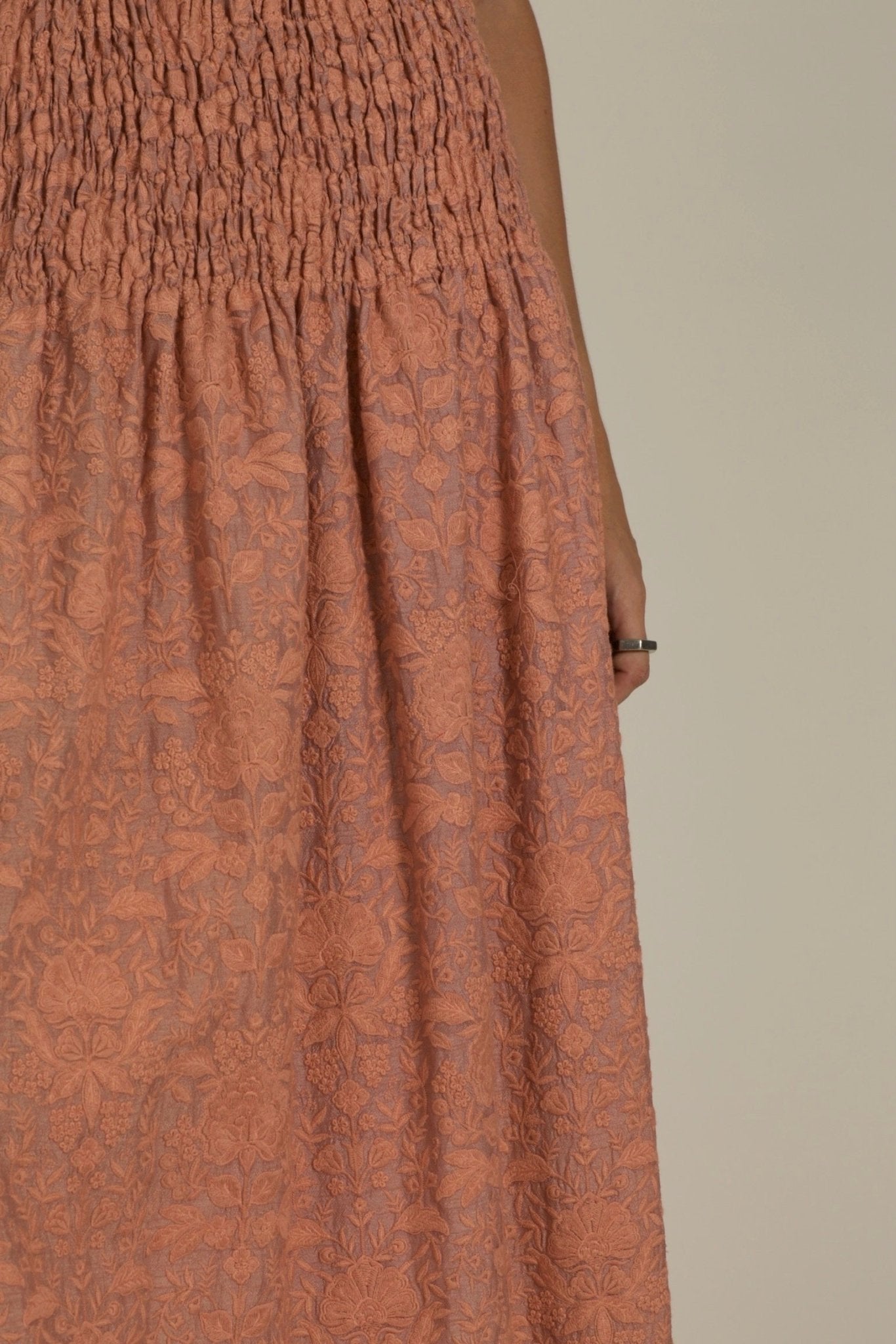 PEACH SILK EMBROIDERED SKIRT DRESS LISA - BANGKOK TAILOR CLOTHING STORE - HANDMADE CLOTHING