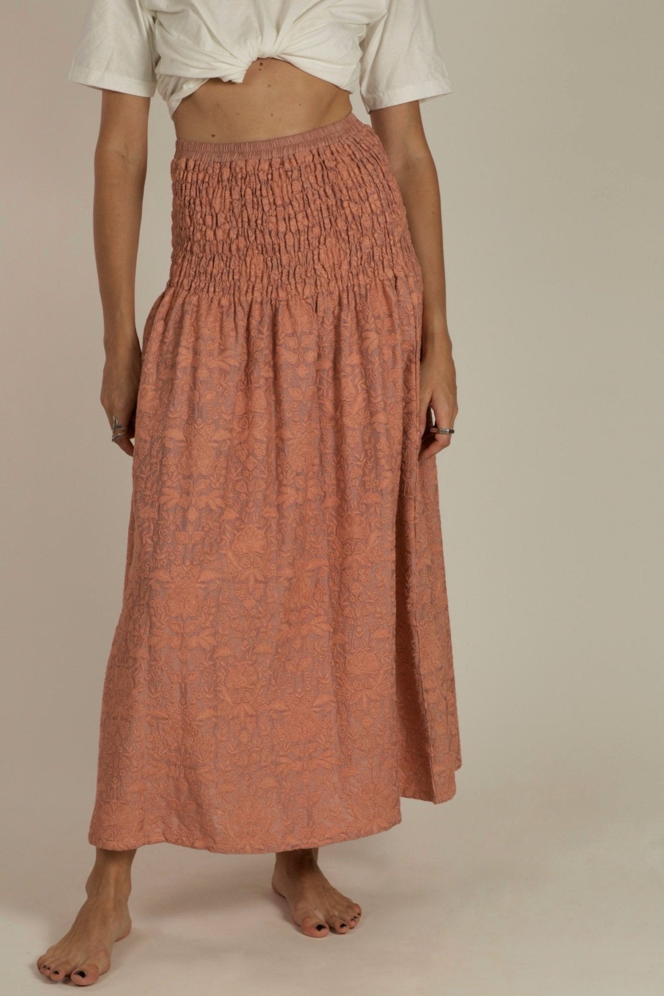 PEACH SILK EMBROIDERED SKIRT DRESS LISA - BANGKOK TAILOR CLOTHING STORE - HANDMADE CLOTHING